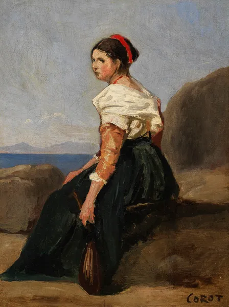 Femme assise, tenant une mandoline av Jean-Baptiste-Camille Corot