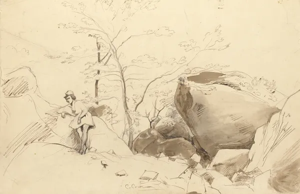 Fontainebleau, Figure Leaning Against a Rock av Jean-Baptiste-Camille Corot