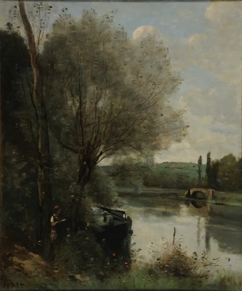 La liseuse sur la rive boisée av Jean-Baptiste-Camille Corot