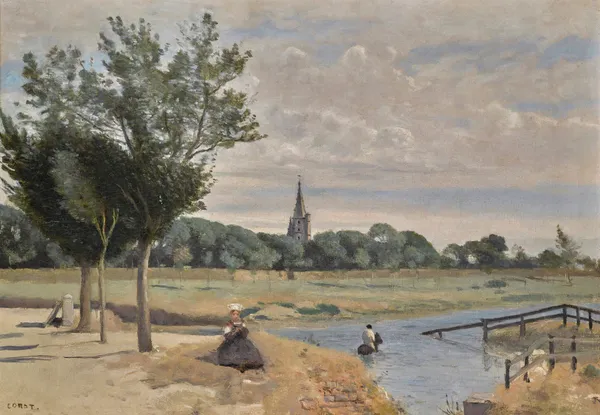 La Rochelle; L’Abreuvoir, Vue Prise Près Des Remparts, Avec La Tour De La Lanterne av Jean-Baptiste-Camille Corot
