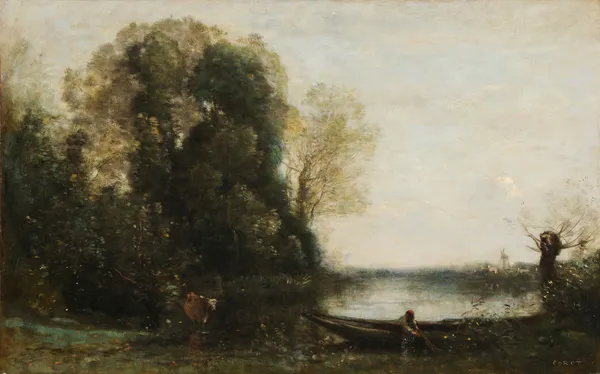 Le pêcheur en barque à la rive av Jean-Baptiste-Camille Corot