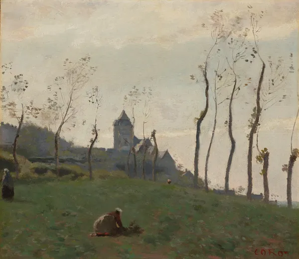 Le Tréport – Un pré et l’église av Jean-Baptiste-Camille Corot