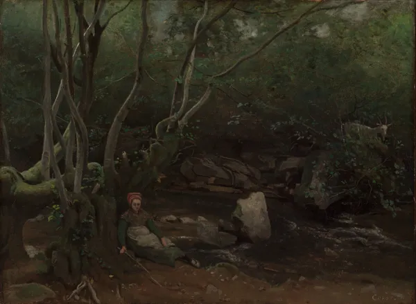 Lormes  Goat-Girl, Sitting Beside a Stream in a Forest av Jean-Baptiste-Camille Corot