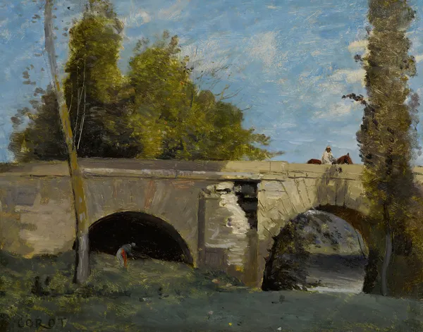 Mantes- Deux Arches Du Pont Avec Un Cavalier av Jean-Baptiste-Camille Corot