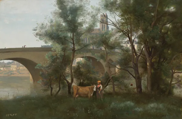 Mantes, Les Bords De La Seine Au Pied Du Pont av Jean-Baptiste-Camille Corot