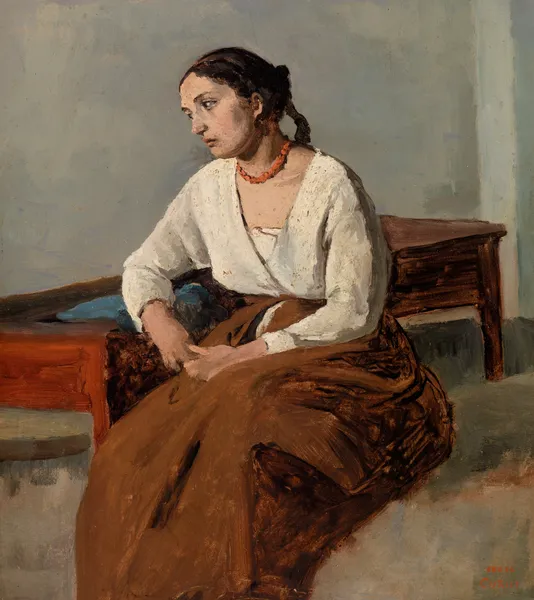 Melancholy Italian Woman av Jean-Baptiste-Camille Corot