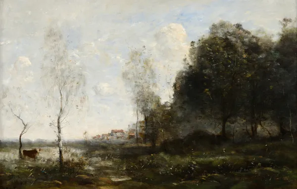 Memory of Saint-Ouen, Cow at the Pond (Souvenir de Saint-Ouen, Vache À L’Étang) av Jean-Baptiste-Camille Corot