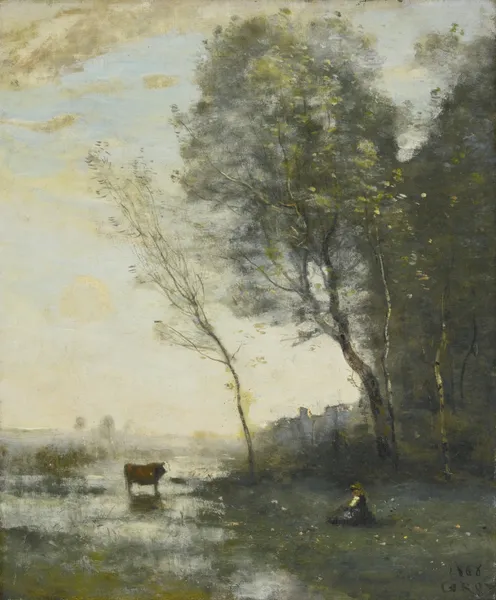 Paysanne gardant une vache au bord de l’eau av Jean-Baptiste-Camille Corot