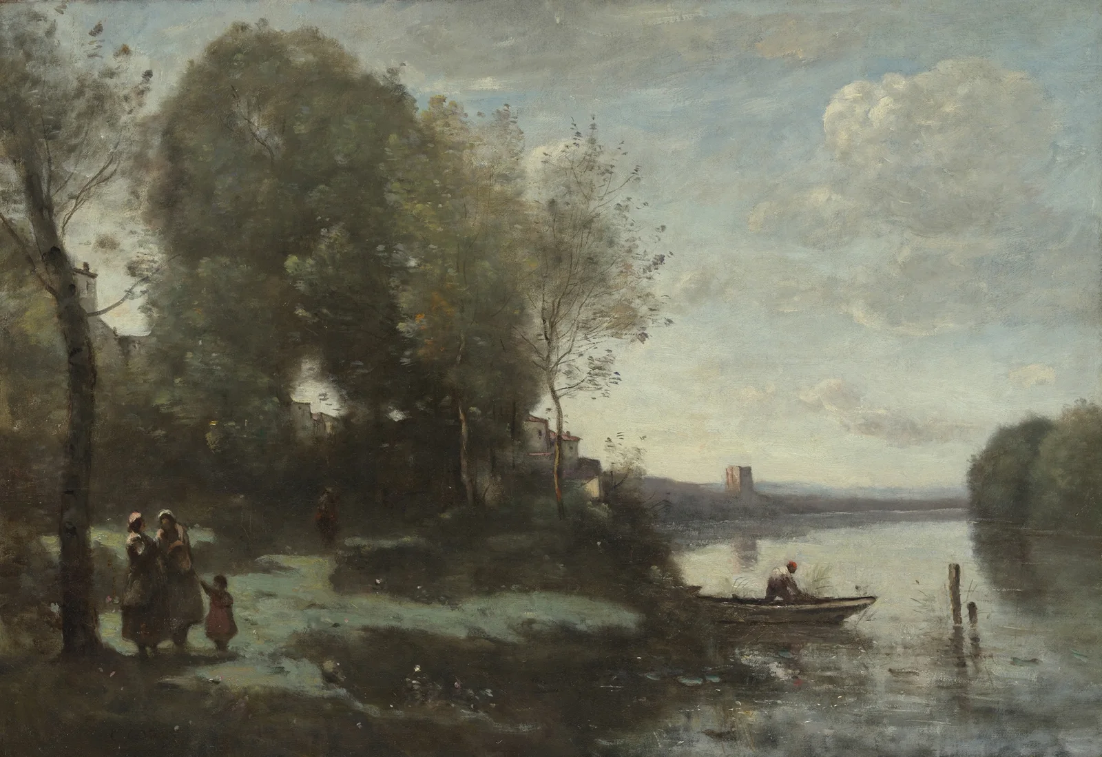 River with a Distant Tower av Jean-Baptiste-Camille Corot