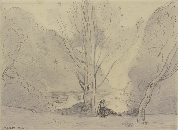 Ruhende Frau unter Pappeln am Fluß av Jean-Baptiste-Camille Corot