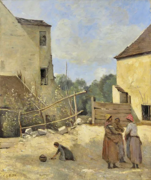 Trois Paysannes Causant Dans Une Cour Rustique av Jean-Baptiste-Camille Corot