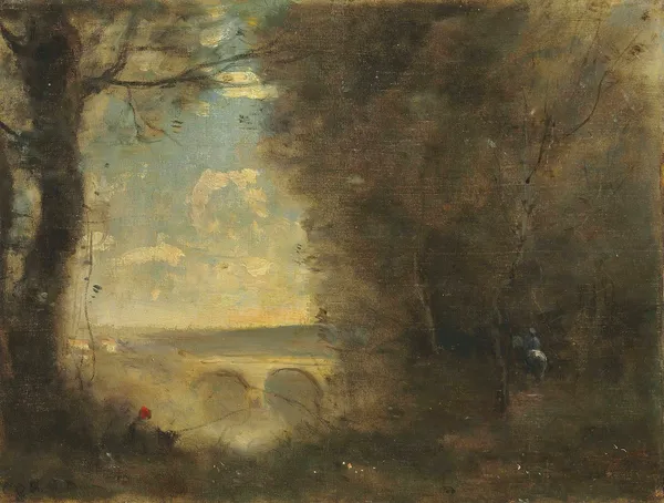 Un Pêcheur À La Ligne, Souvenir Du Pont De Mantes av Jean-Baptiste-Camille Corot