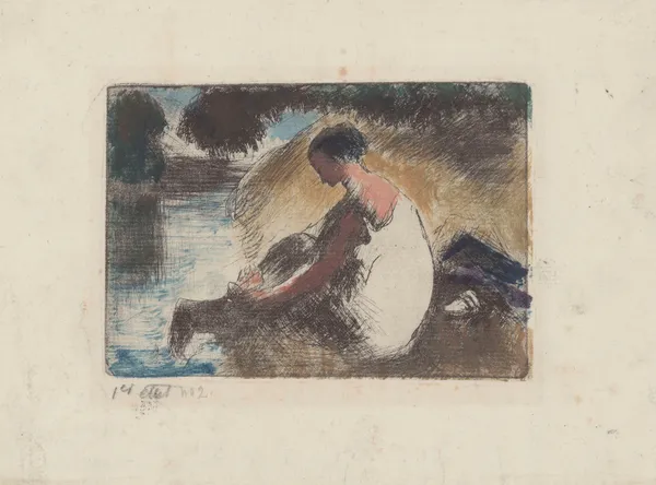 Baigneuse mettant ses ba av Camille Pissarro