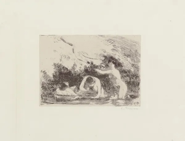 Baigneuses à l’ombre des berges boisées av Camille Pissarro