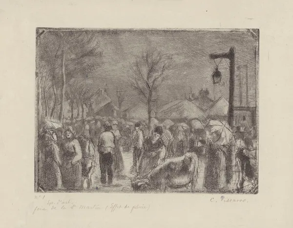 Foire de la Saint-Martin (à Pontoise), effet de pluie av Camille Pissarro