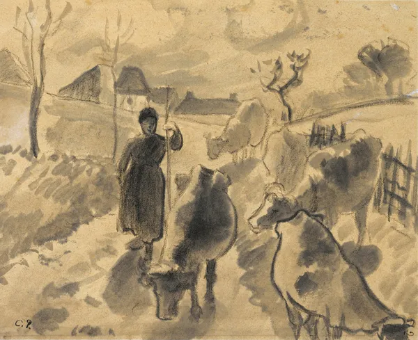 Girl leading a herd of cows along a road av Camille Pissarro