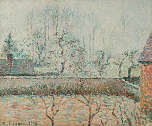 Paysage Avec Maisons Et Mur De Clôture, Givre Et Brume, Éragny av Camille Pissarro