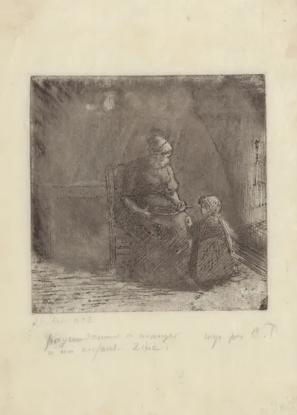Paysanne donnant à manger à un enfant av Camille Pissarro