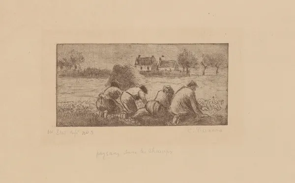Paysans dans les champs av Camille Pissarro