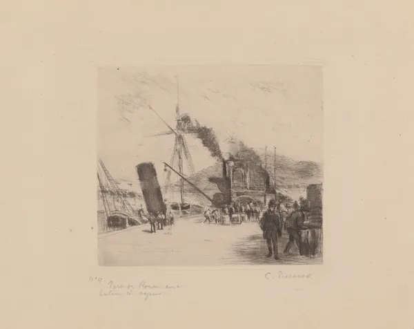 Port de Rouen avec bateau à vapeur av Camille Pissarro