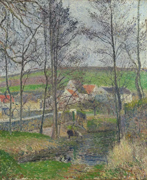 The banks of the Viosne at Osny in grey weather, winter av Camille Pissarro