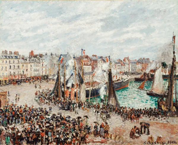 The Fish Market, Dieppe; Grey Weather, Morning av Camille Pissarro