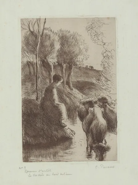 Vachère au bord de l’eau av Camille Pissarro