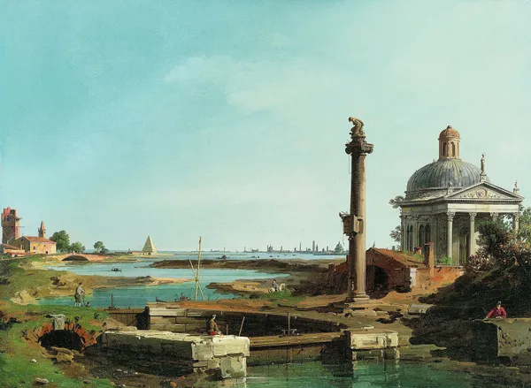 A Lock, a Column, and a Church beside a Lagoon av Canaletto