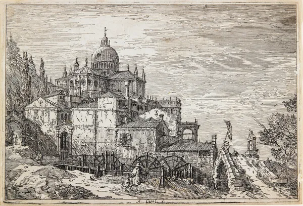 Landscape with a Church, Houses and a Mill av Canaletto