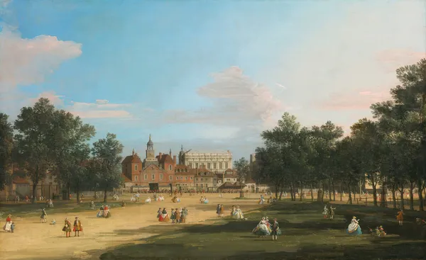 London, A View Of The Old Horse Guards And Banqueting Hall, Whitehall Seen From St. James’ Park av Canaletto