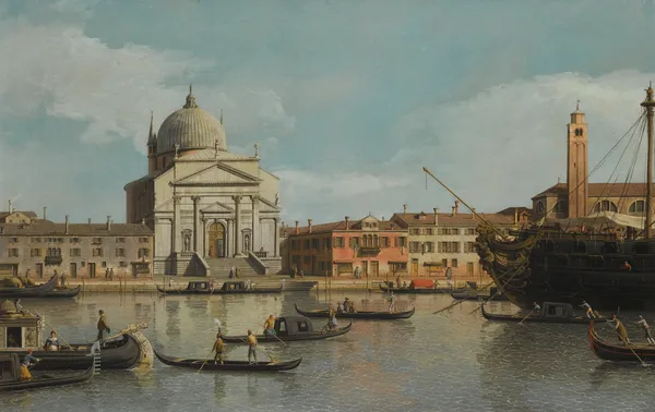 Venice, A View Of The Churches Of The Redentore And San Giacomo, With A Moored Man-Of-War, Gondolas And Barges av Canaletto