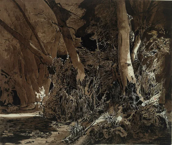 Forest landscape with flowing water and two hunters (from 1830 until 1835) av Carl Blechen