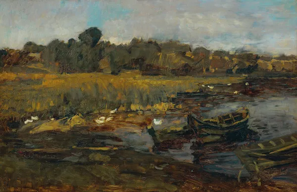 Schilflandschaft am Schwielowsee mit Enten av Carl Schuch