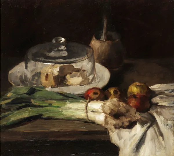 Stilleben mit Porreebündel, Käseglocke und Äpfeln av Carl Schuch
