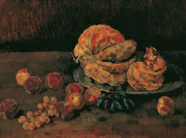Stillleben mit Kürbis, Pfirsich und Weintrauben av Carl Schuch