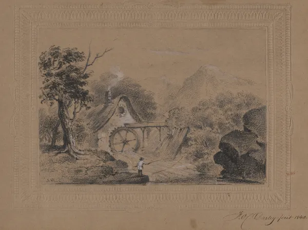 Angling scene with waterwheel in background av Felix Octavius Carr Darley