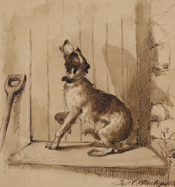 Dog barking in front of closed door av Felix Octavius Carr Darley