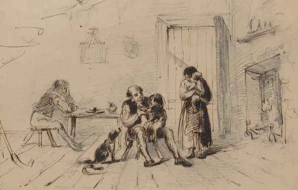 Five family members and dog in cabin av Felix Octavius Carr Darley