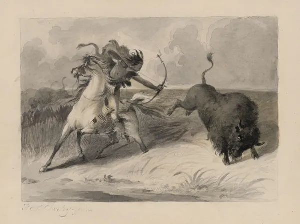 Native American on horseback hunting buffalo av Felix Octavius Carr Darley