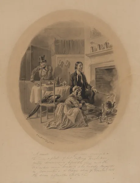 Scene from The Pickwick Club; man and woman working at fireplace av Felix Octavius Carr Darley