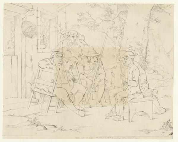 The schoolmaster reads from an old newspaper to the village sages assembled before the inn av Felix Octavius Carr Darley