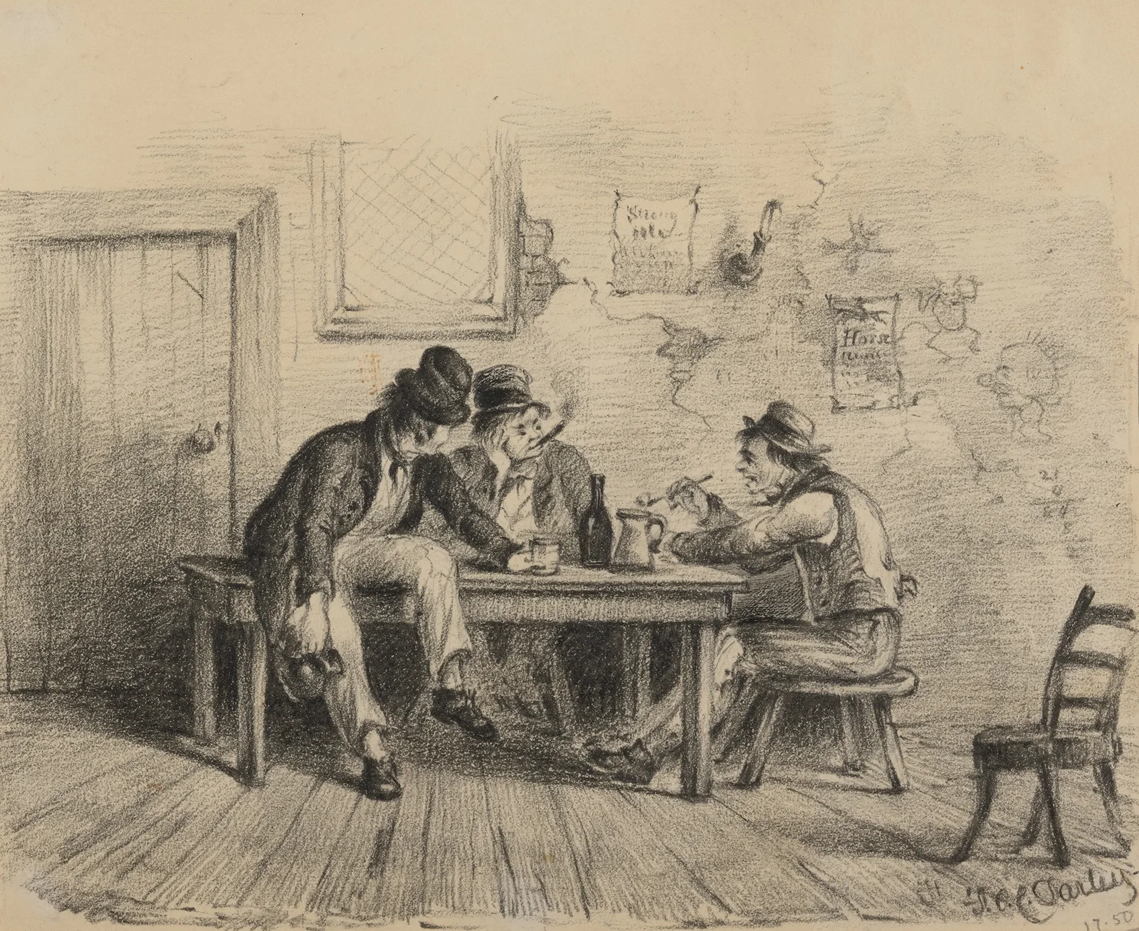 Three drinkers seated at table av Felix Octavius Carr Darley