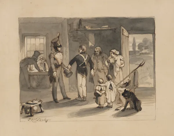 Three soldiers with a family and dog av Felix Octavius Carr Darley