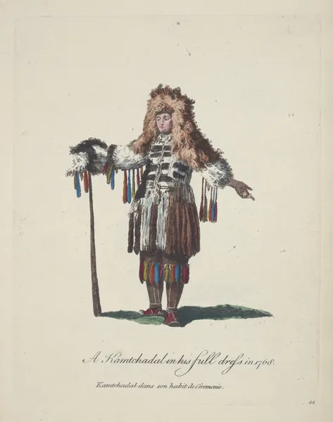 A Kamtchadal in his full dress in 1768. Kamtchadal dans son habit de cêremonie. av Charles Grignion