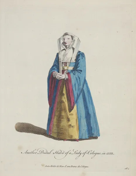 Another bridal habit of a lady of Cologne in 1588. Autre habit noce d’une dame de Cologne. av Charles Grignion