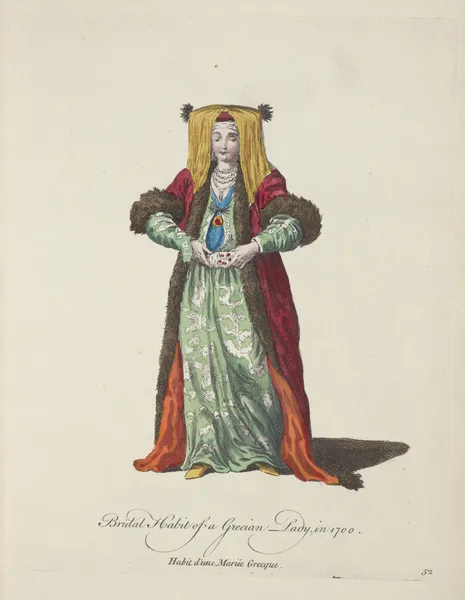 Bridal habit of a Grecian lady in 1700. Habit d’une mariée Grecque. av Charles Grignion