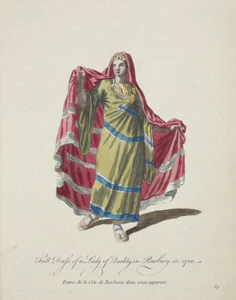 Full dress of a lady of quality in Barbary in 1700. Dame de la Côte de Barbarie dans tout saparure. av Charles Grignion