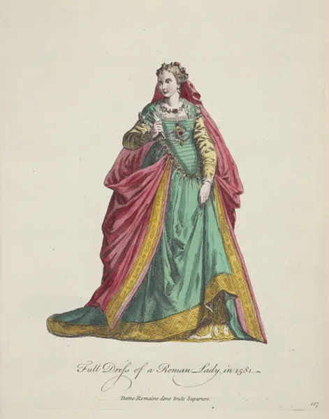 Full dress of a Roman lady in 1581. Dame Romaine dans toute saparure. av Charles Grignion