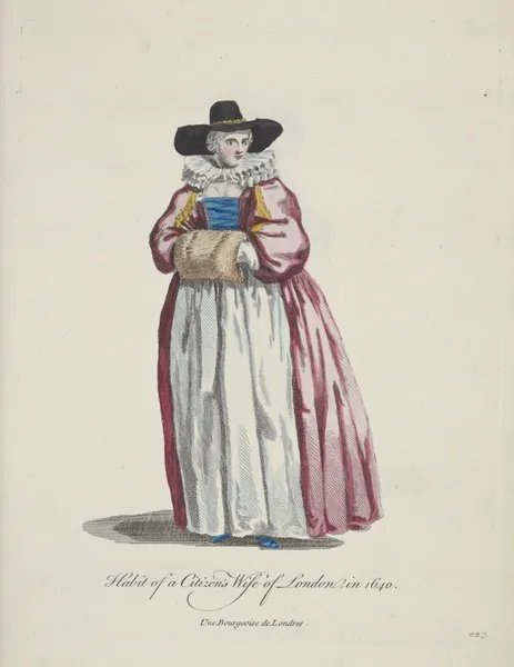 Habit of a citizen’s wife of London in 1640. Une bourgeoise de Londres. av Charles Grignion