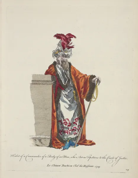 Habit of a commander of a body of 100 men, who act as tipstaves to the courts of justice. Le chiaoro bachi ou chef des huissiers 1749. av Charles Grignion